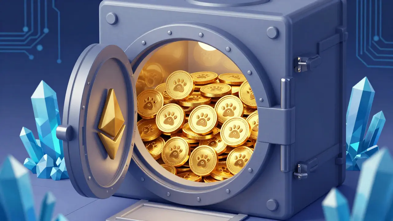 A futuristic vault containing 21 million gold LILY tokens on an Ethereum-style network.