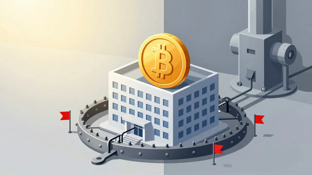 A golden coin inside a mechanical trap disguised as a corporate building with red flags.