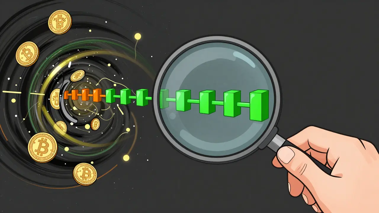 A magnifying glass revealing a clear transaction trail from a swirl of mixed crypto coins.