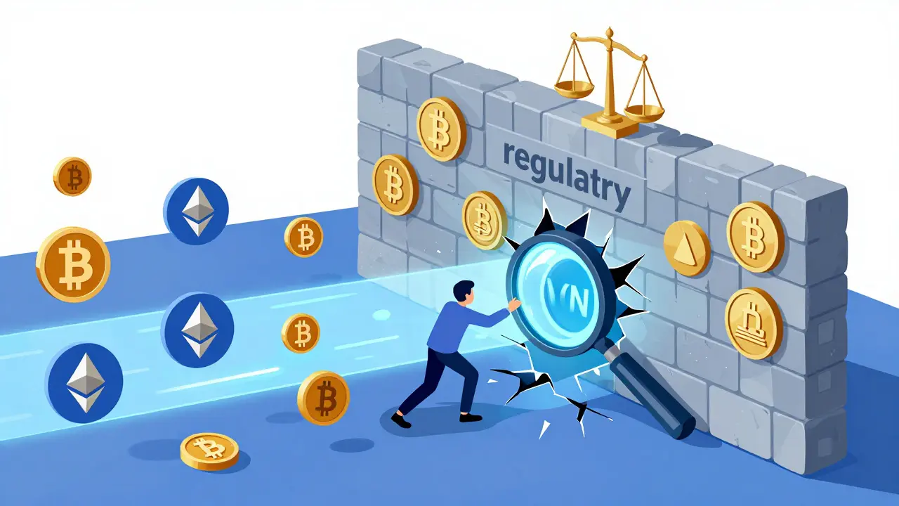 A regulatory wall blocking cryptocurrency flow with a broken VPN tunnel being inspected by a magnifying glass.