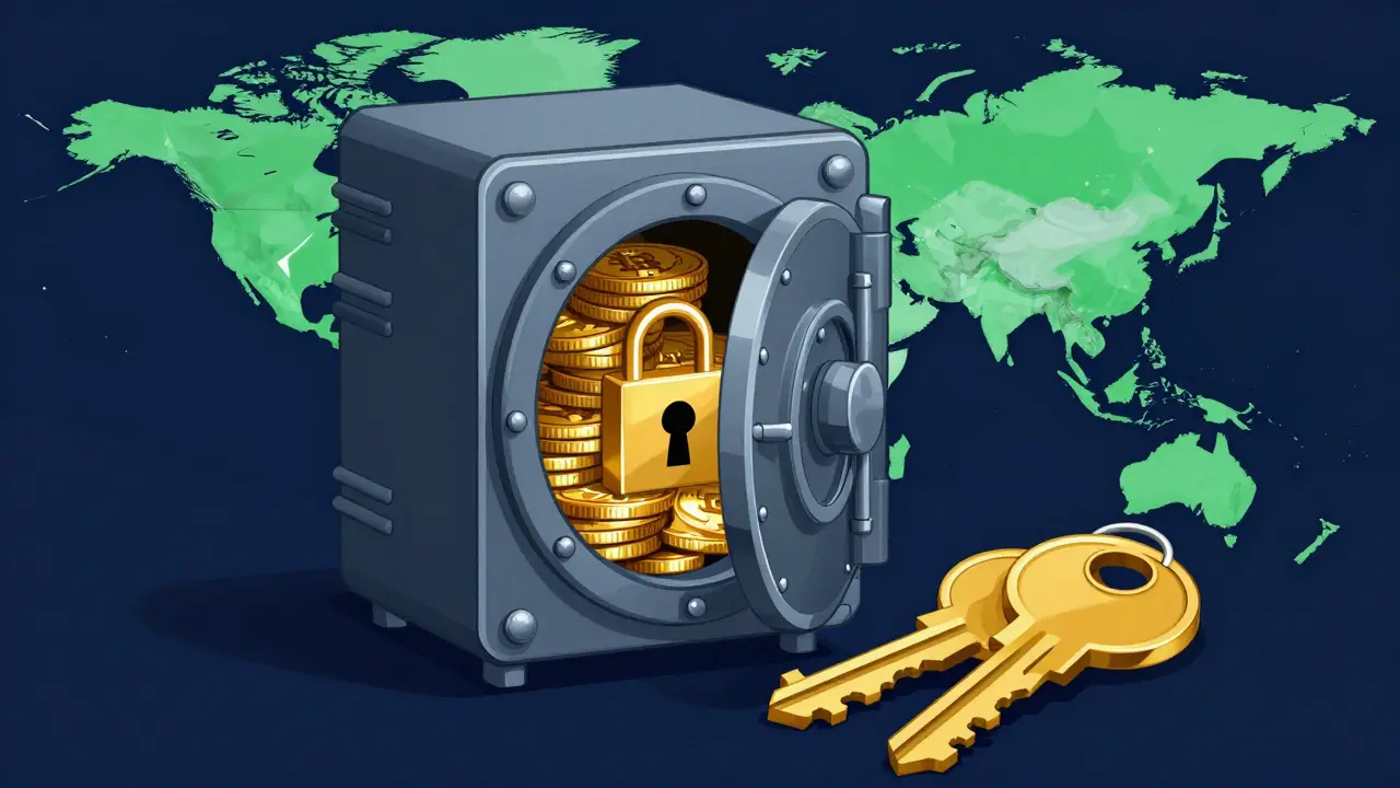 A secure digital vault representing a hardware wallet protecting cryptocurrency coins and private keys.