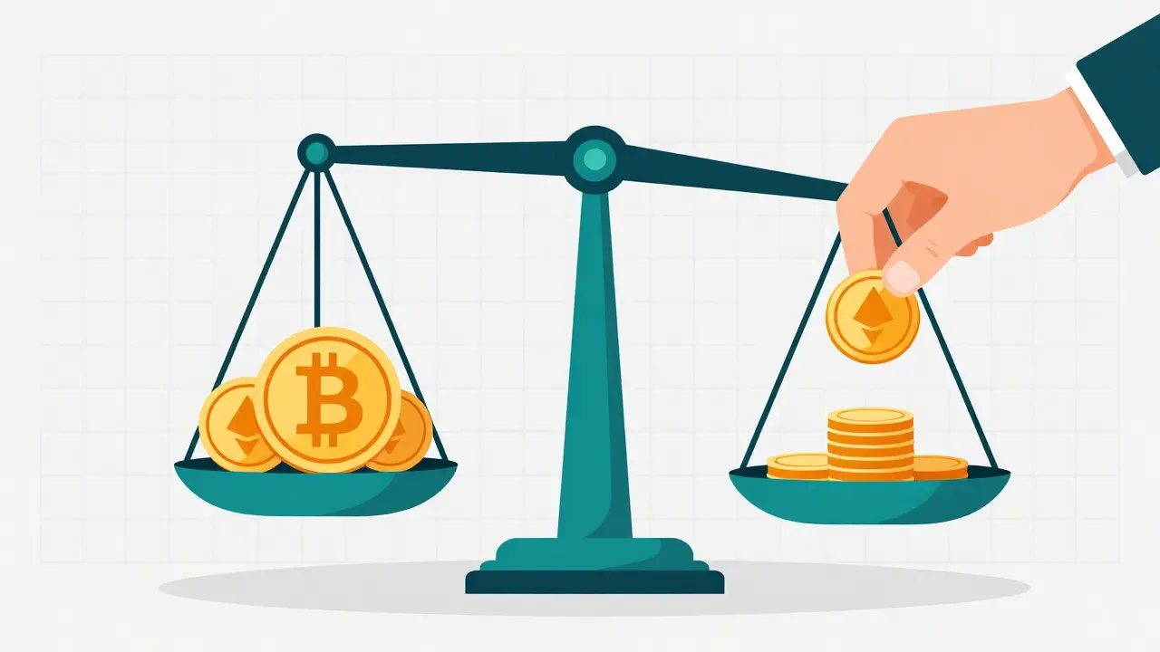 Balance scale showing Bitcoin and Ethereum with a coin representing maker fees.