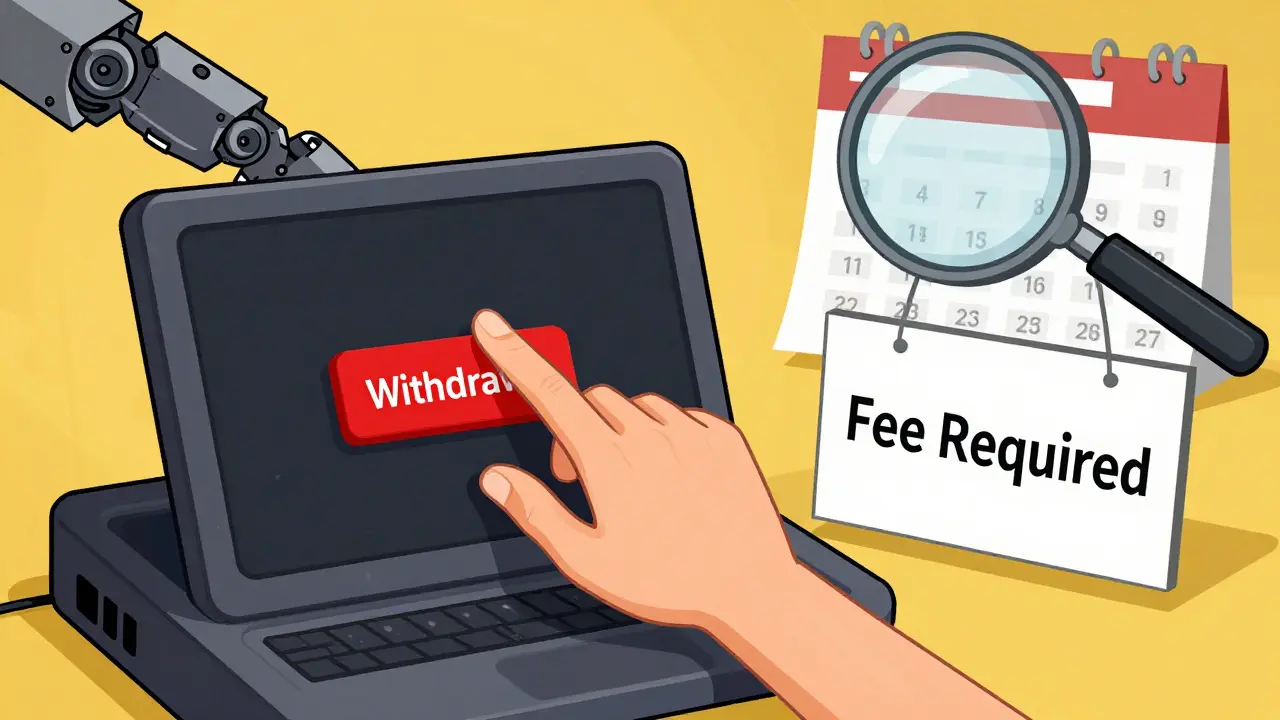 Cartoon showing a withdrawal button being blocked by a demand for a verification fee.