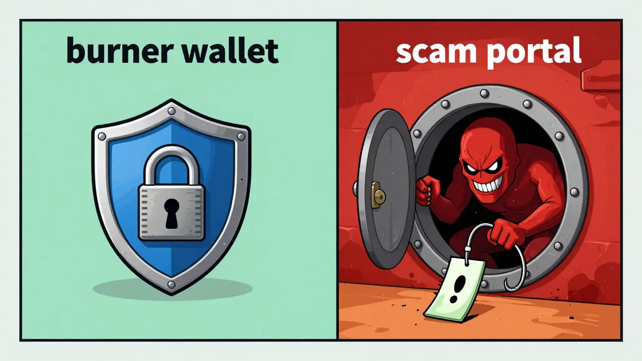 Comparison between a secure burner wallet and a phishing scam portal.
