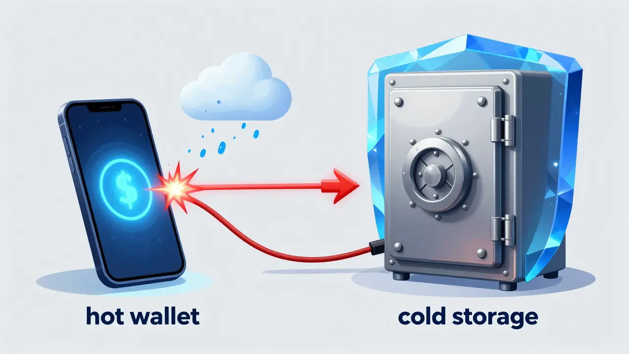 Comparison between a vulnerable connected smartphone wallet and a secure offline hardware vault.