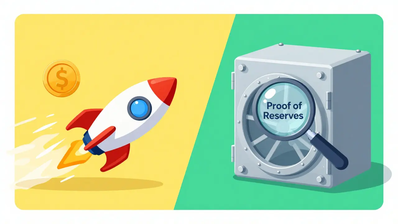 Comparison illustration between a fast futuristic rocket and a secure, transparent financial vault.