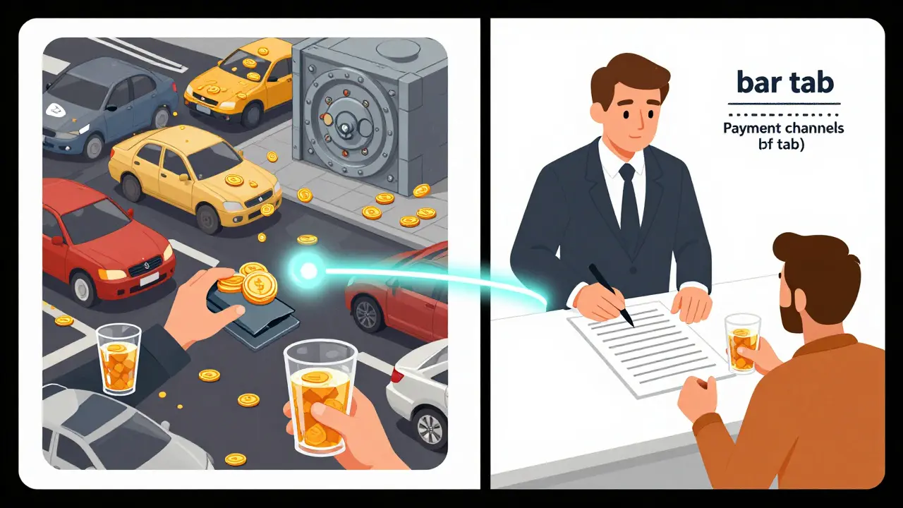 Comparison of paying per transaction versus using a payment channel tab at a bar.
