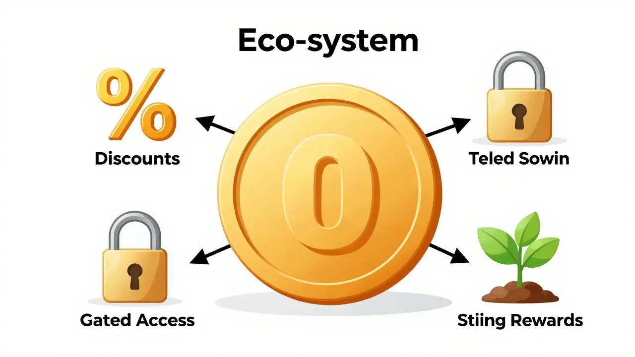 Conceptual diagram of TUT token utilities including discounts and staking