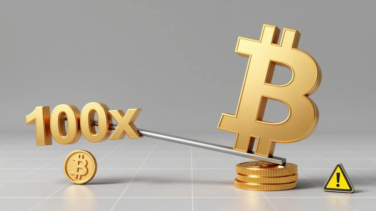 Conceptual illustration of 100x leverage using a giant lever to lift a Bitcoin
