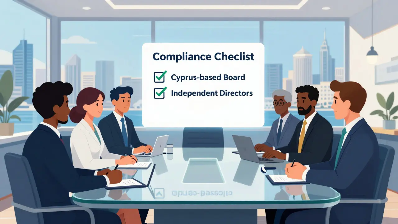 Corporate boardroom in Cyprus with a digital checklist showing MiCA governance requirements.
