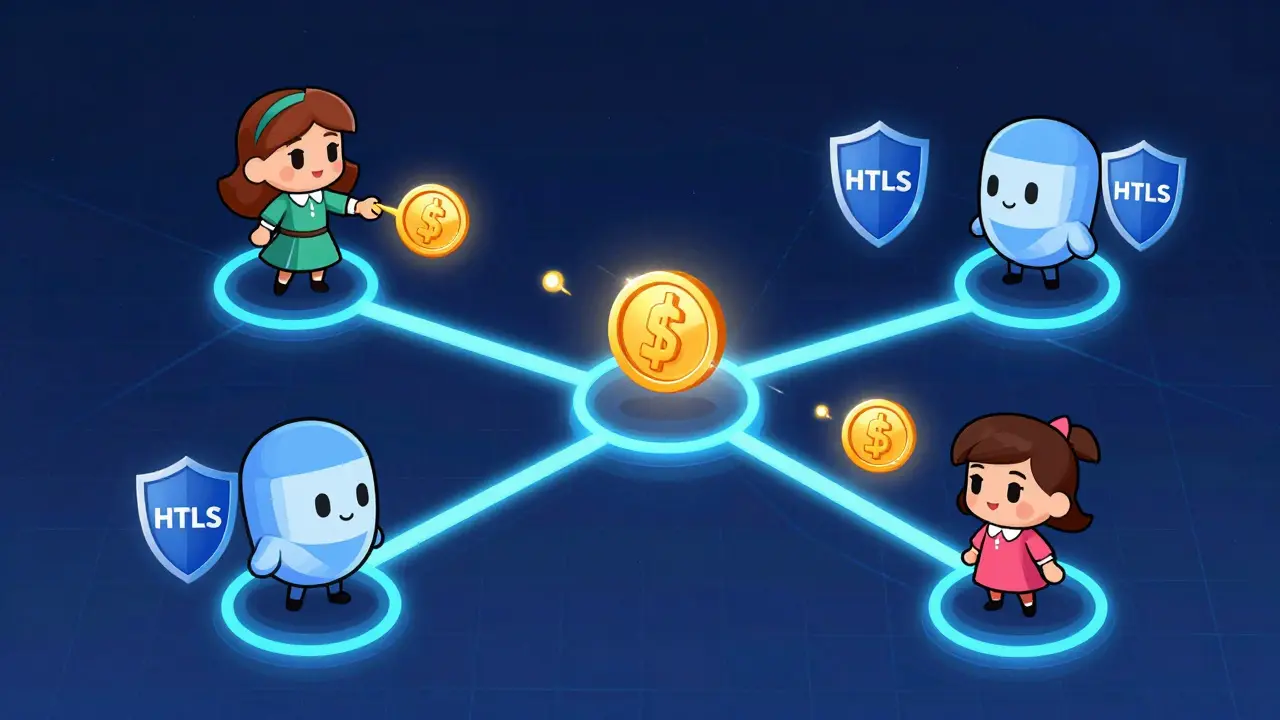 Diagram of the Lightning Network showing a payment routing from Alice to Carol through Bob.