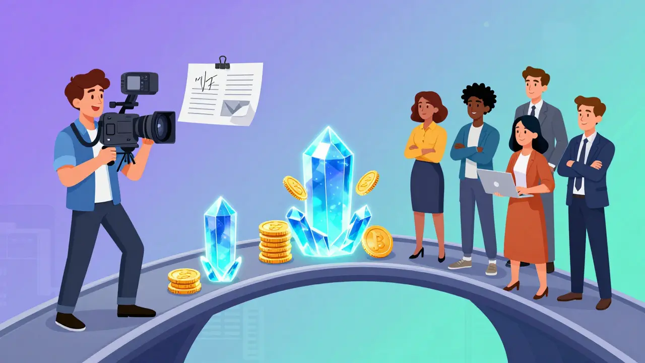 Filmmaker and investors connected by a blockchain bridge of gold coins
