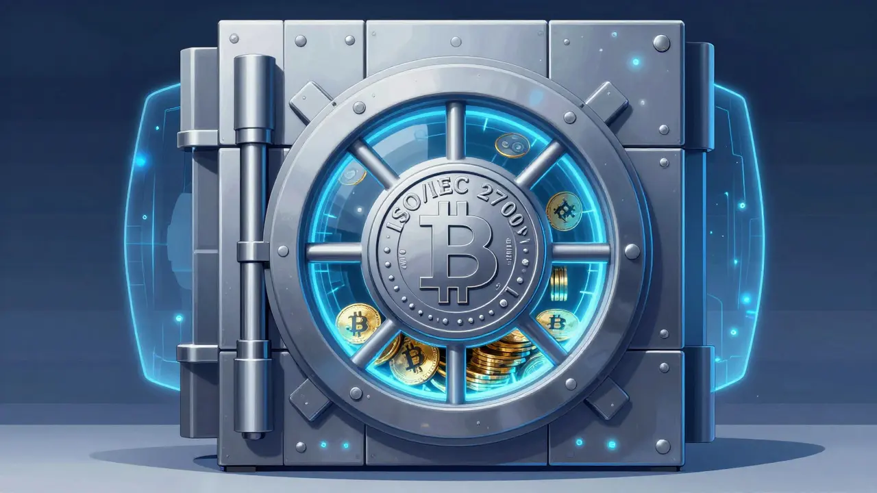 Futuristic digital vault protecting Bitcoin with a security certification seal
