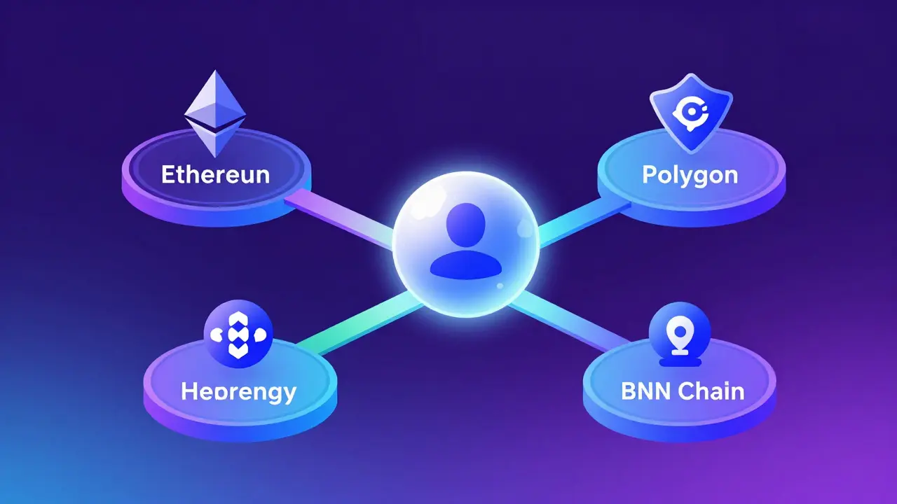 Illustration of a digital identity connected to three different blockchain networks via glowing bridges.