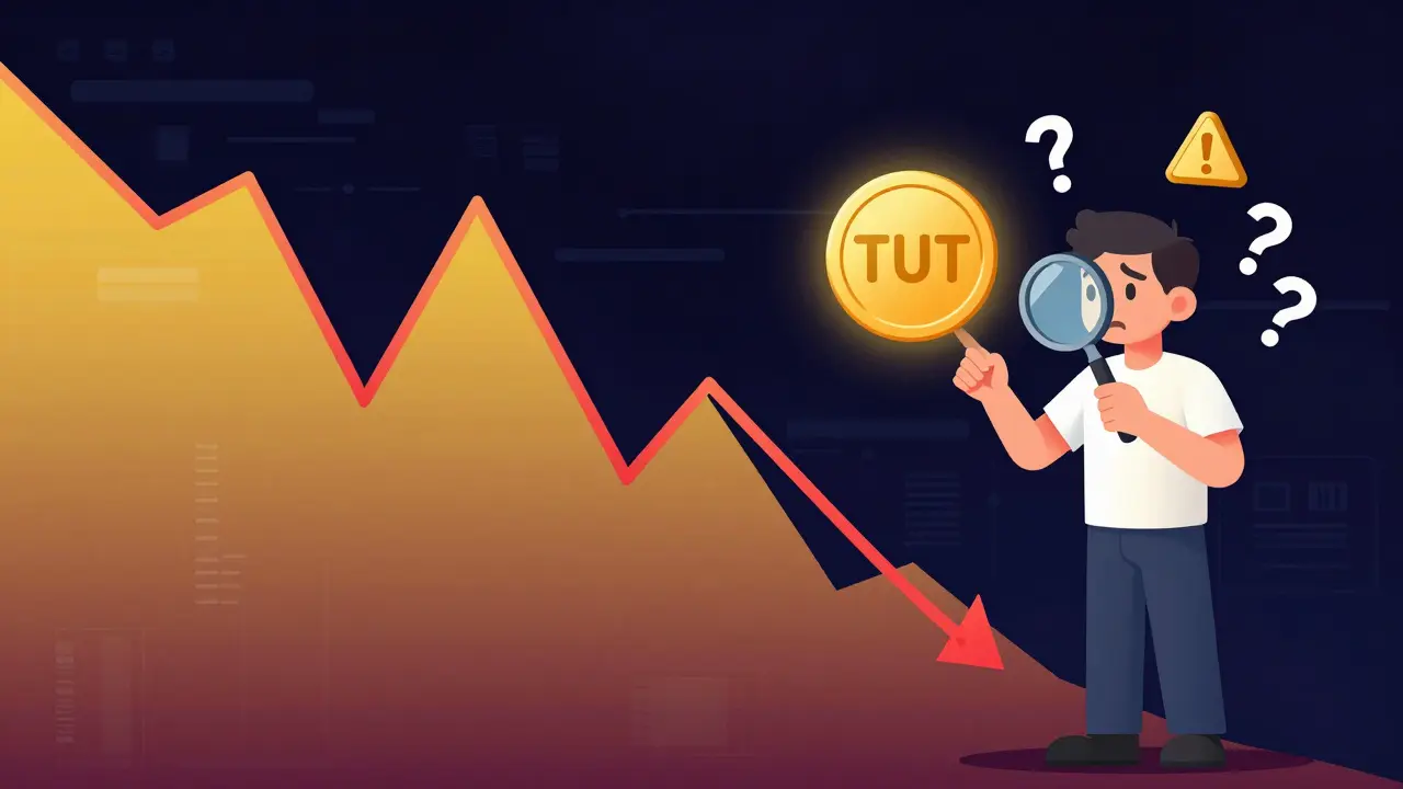 Illustration of a volatile price graph and a character analyzing a token