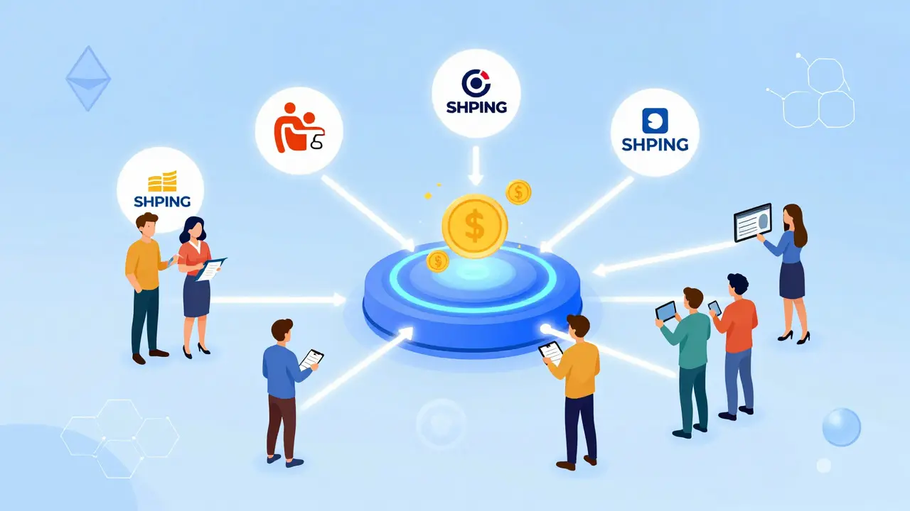 Illustration showing the reward flow between shoppers and brands via a digital platform.