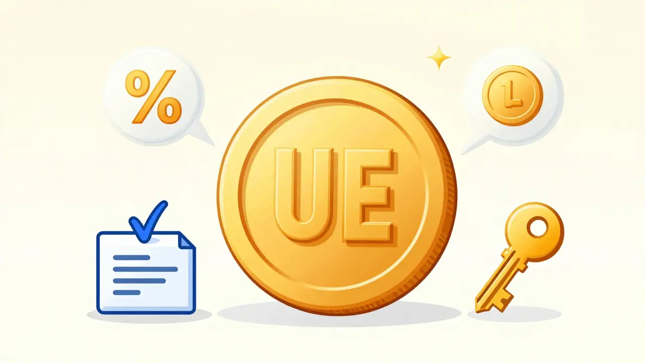 Illustration showing UE Coin utility: fee discounts, governance, and exclusive access