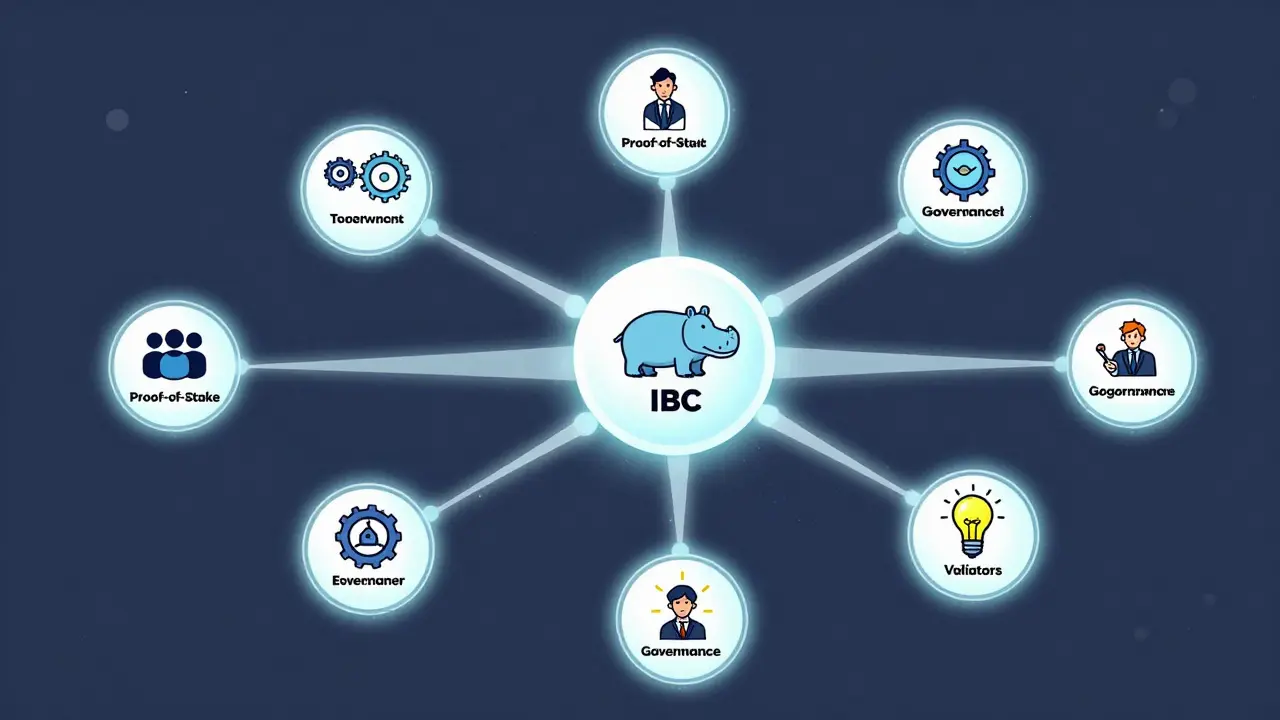 Interconnected blockchain network showing a central healthcare hub linked to other digital spheres.