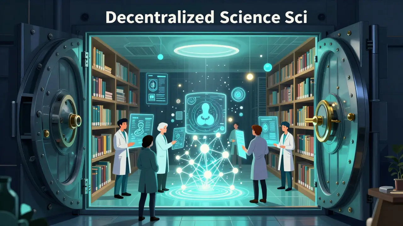 Researchers accessing holographic medical data in an open, decentralized digital library.
