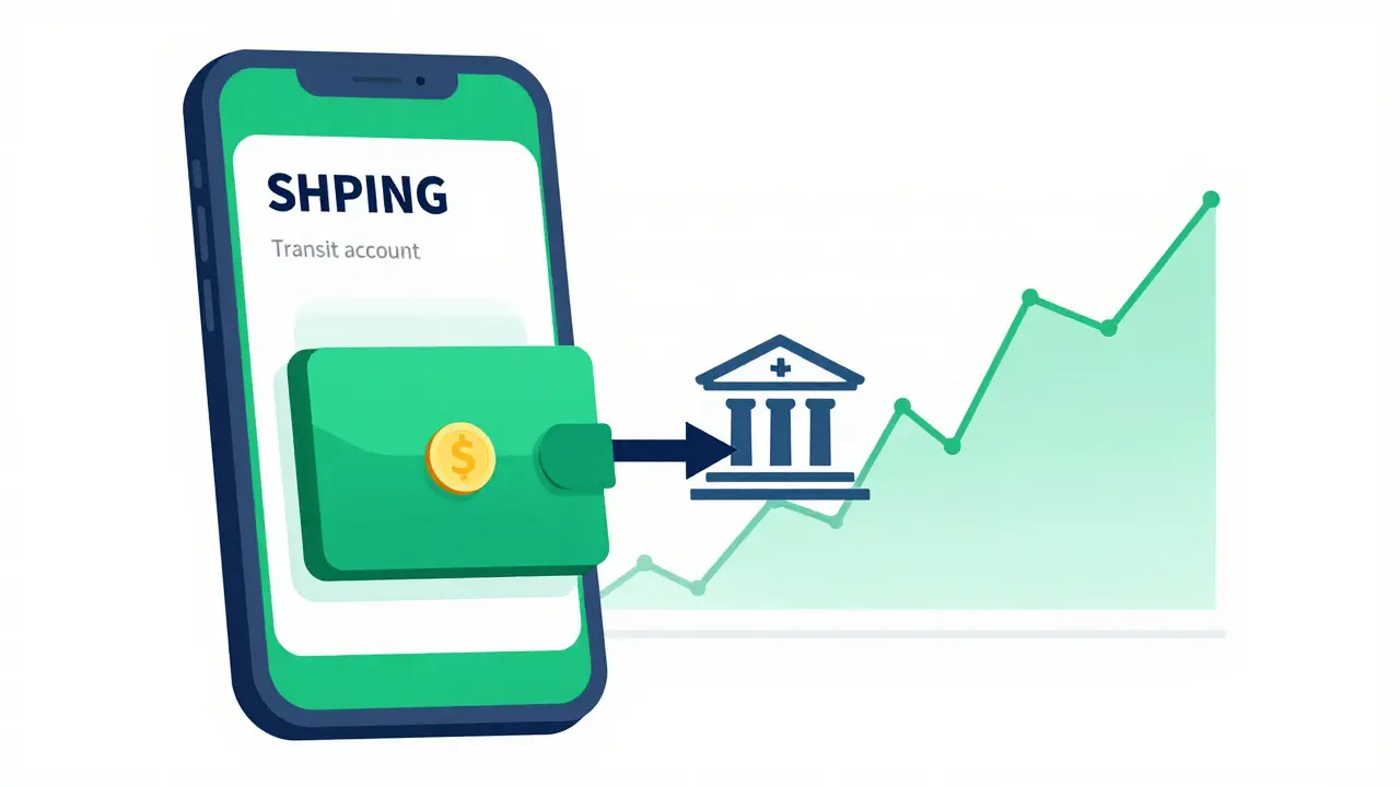 Smartphone wallet showing SHPING tokens being converted into cash via a bank transfer.