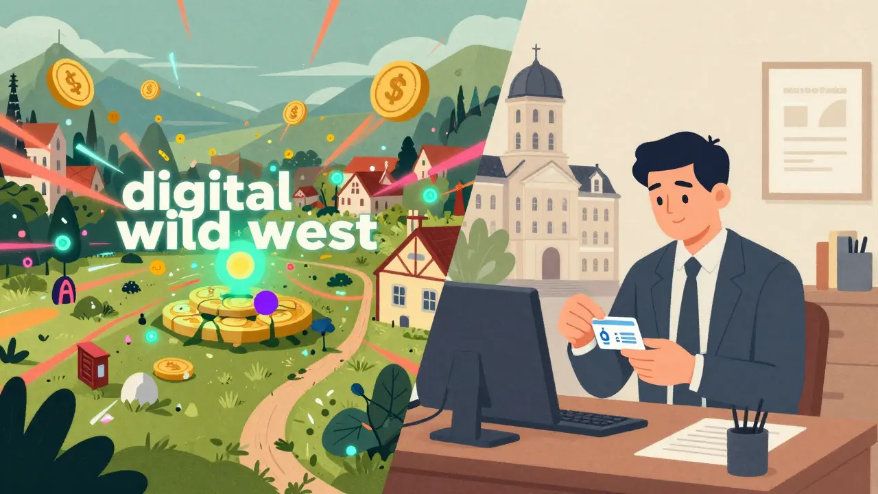 Split screen contrasting a chaotic crypto market with a regulated European office.