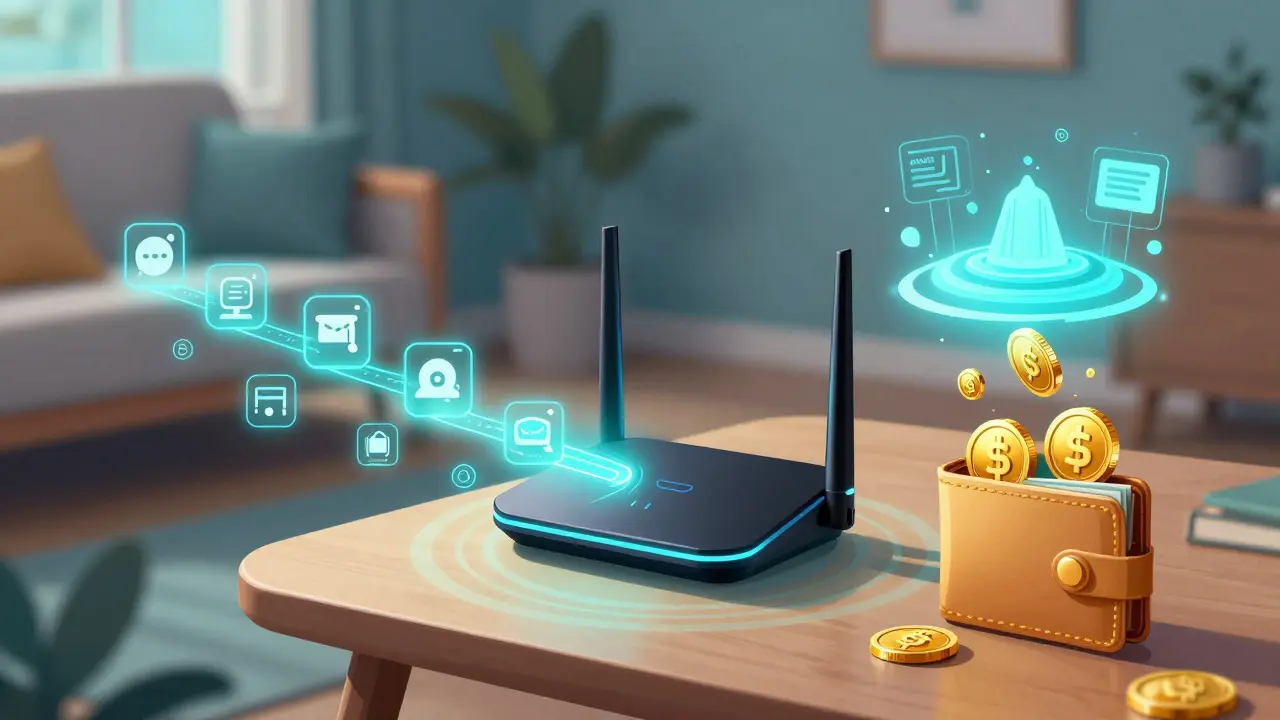 Technical cartoon showing a WiFi router sending data to a marketplace and receiving gold tokens.