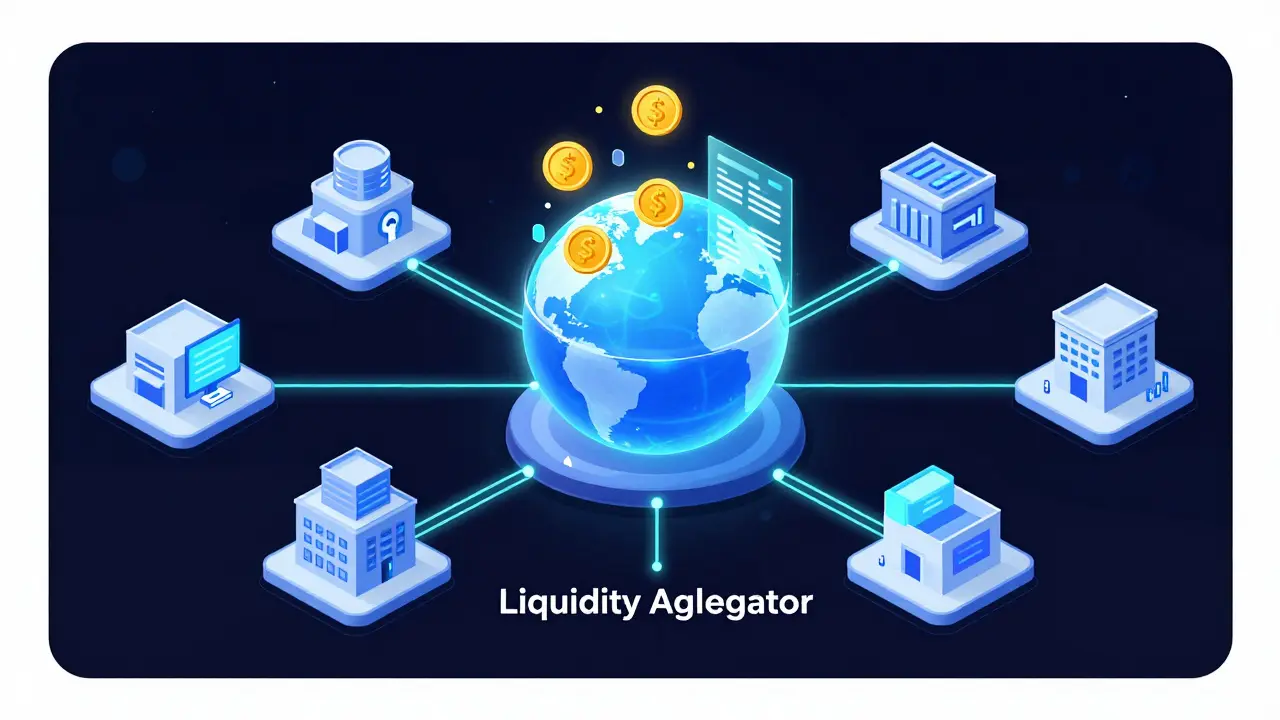 Technical drawing of a central hub aggregating crypto data streams from multiple exchanges.