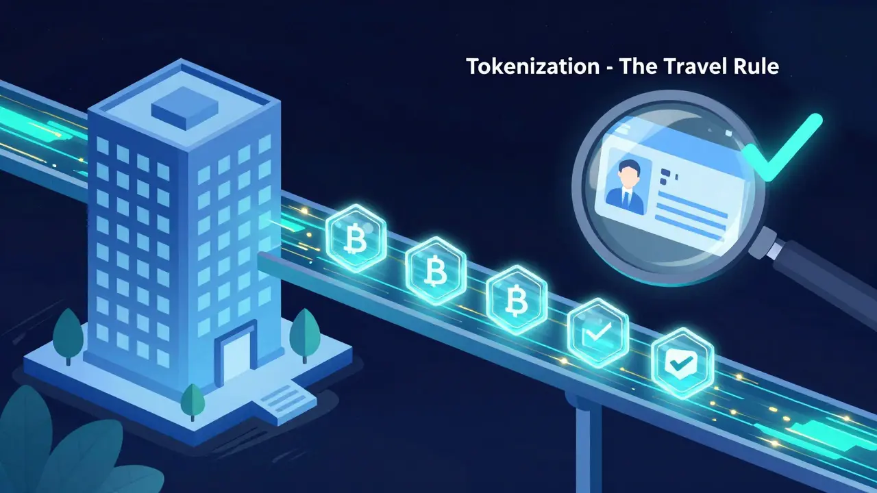 Technical drawing of real estate being tokenized with a verification check for the Travel Rule.