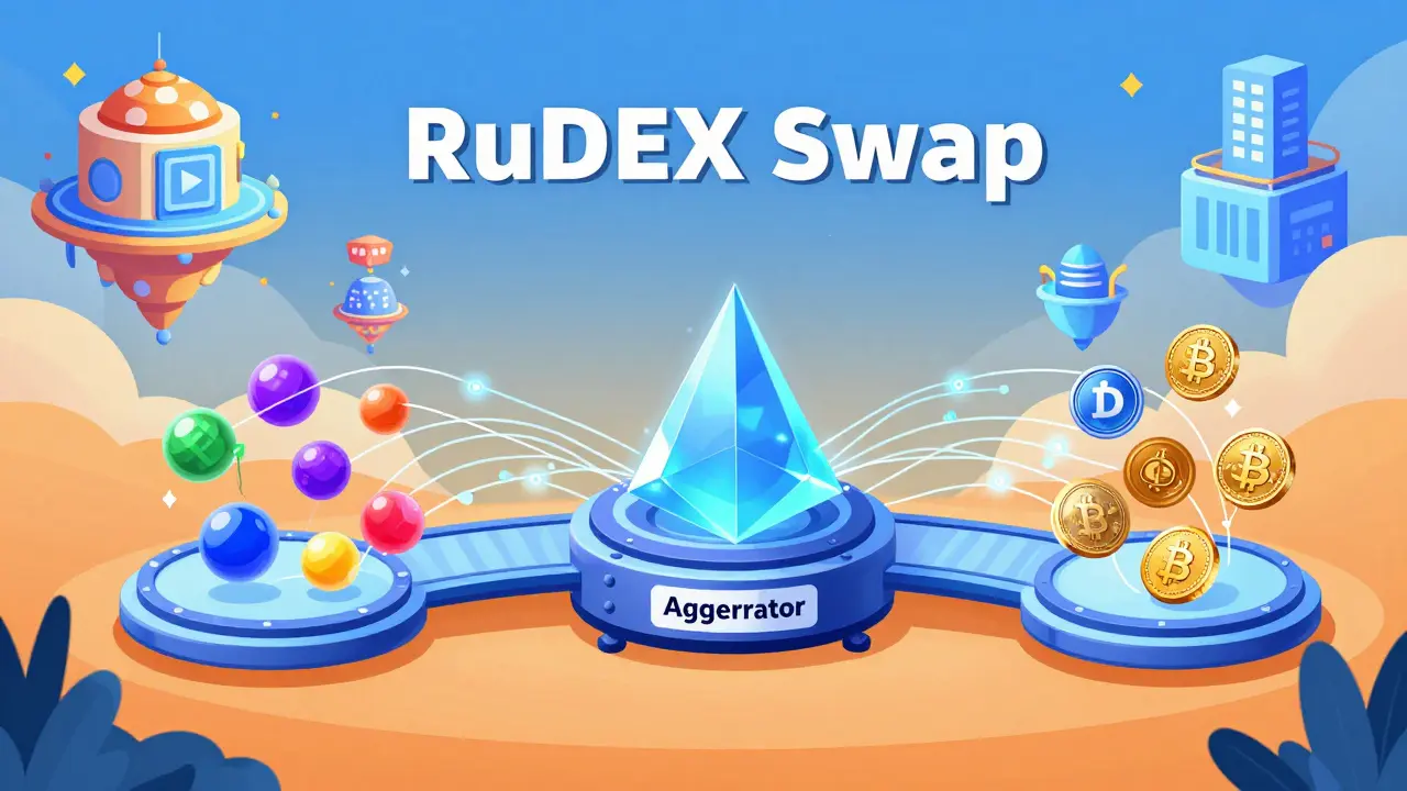 Technical illustration of a crypto aggregator hub swapping different digital assets.