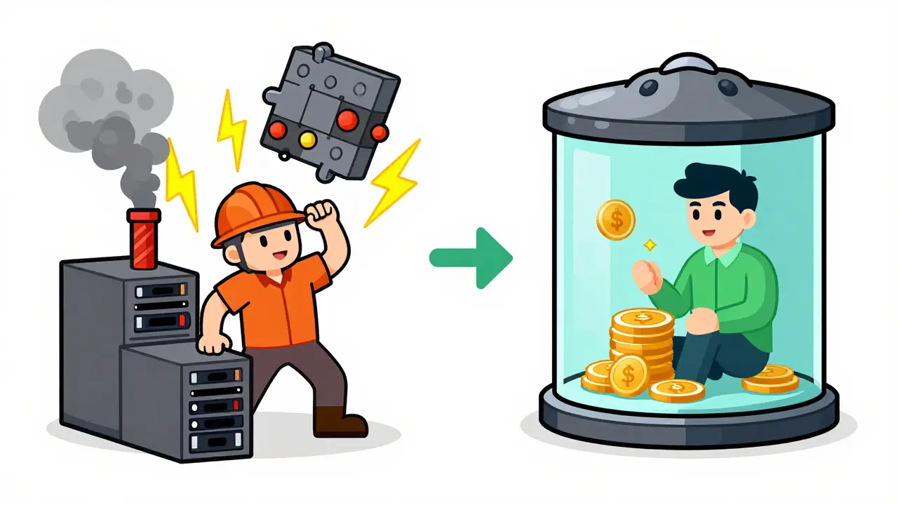 Cartoon comparison of mining hardware vs staking vaults