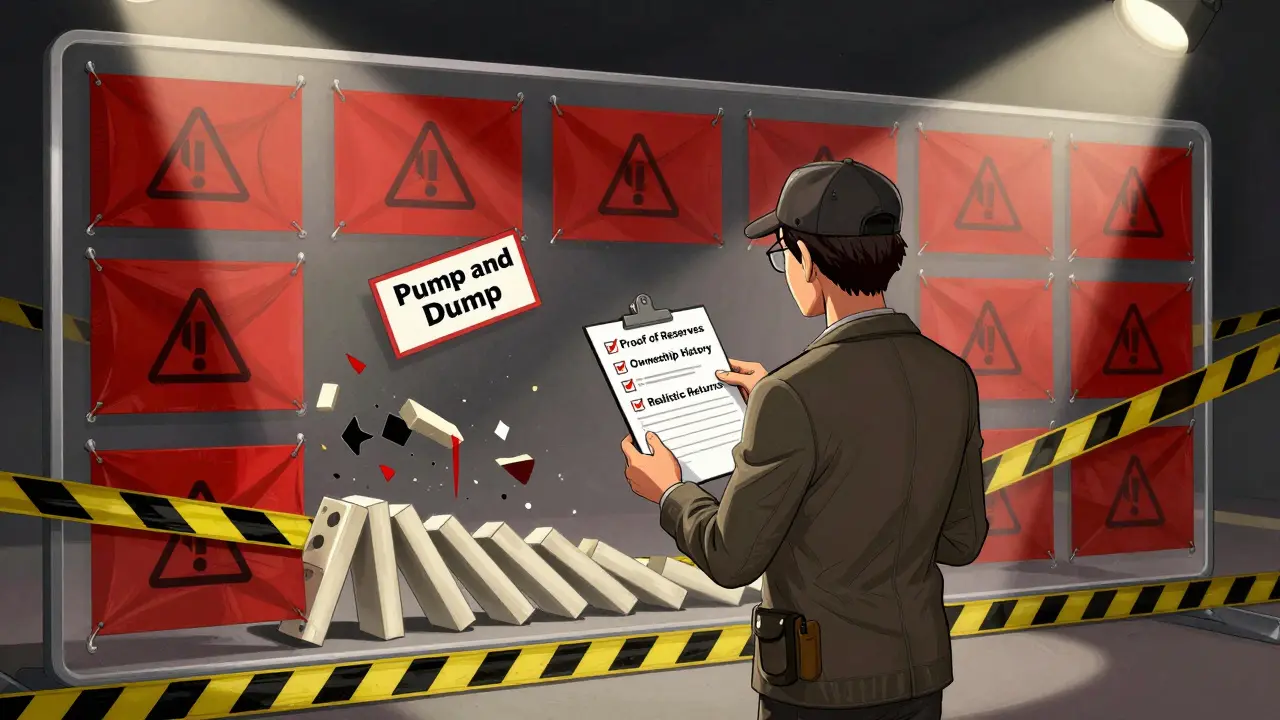 Cartoon detective analyzing red flags and warnings of crypto investment fraud