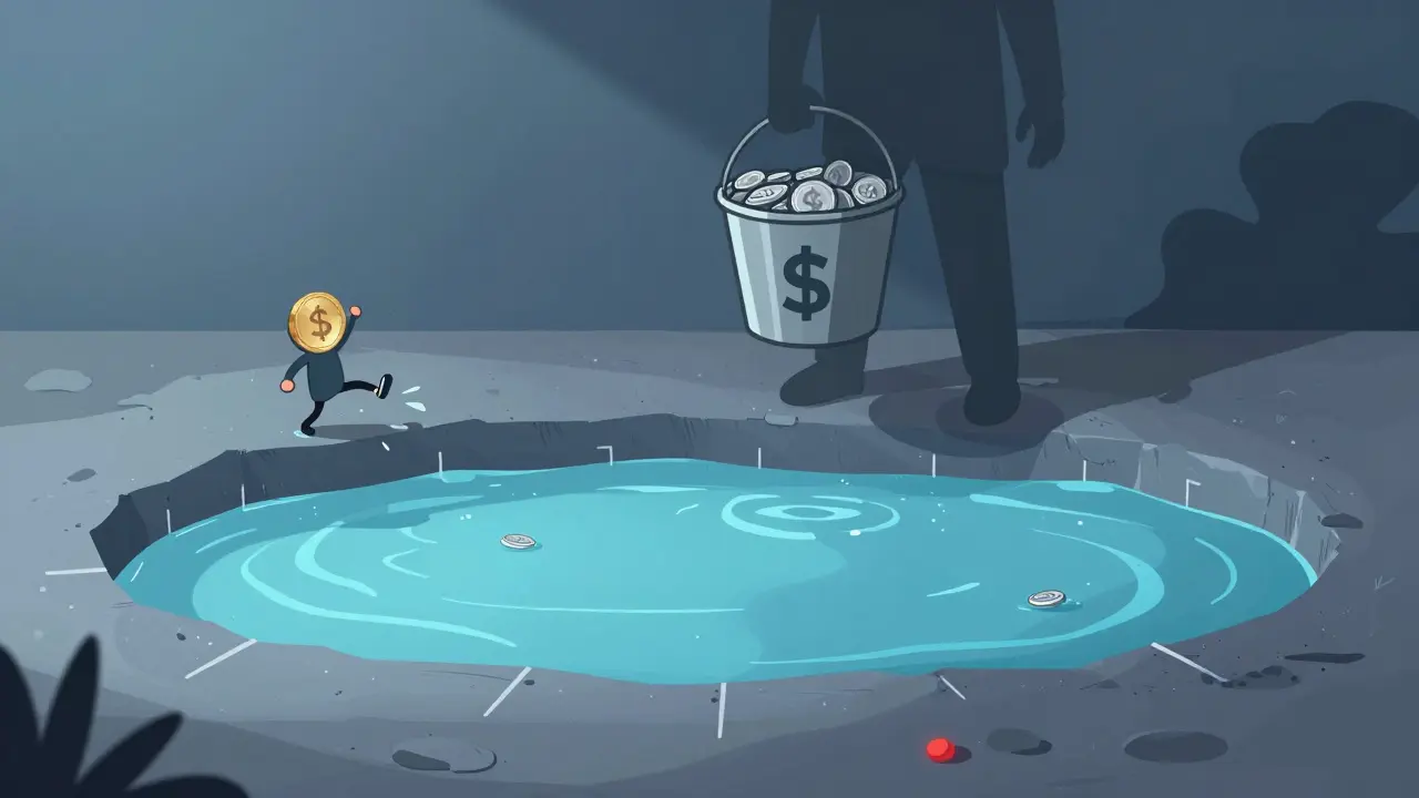Cartoon of investor stuck in dry liquidity pool while creator hoards tokens