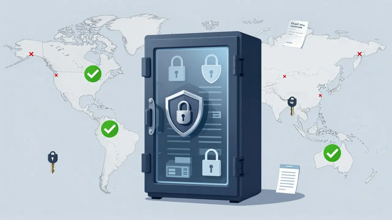 Conceptual drawing of a secure digital vault with global access restrictions
