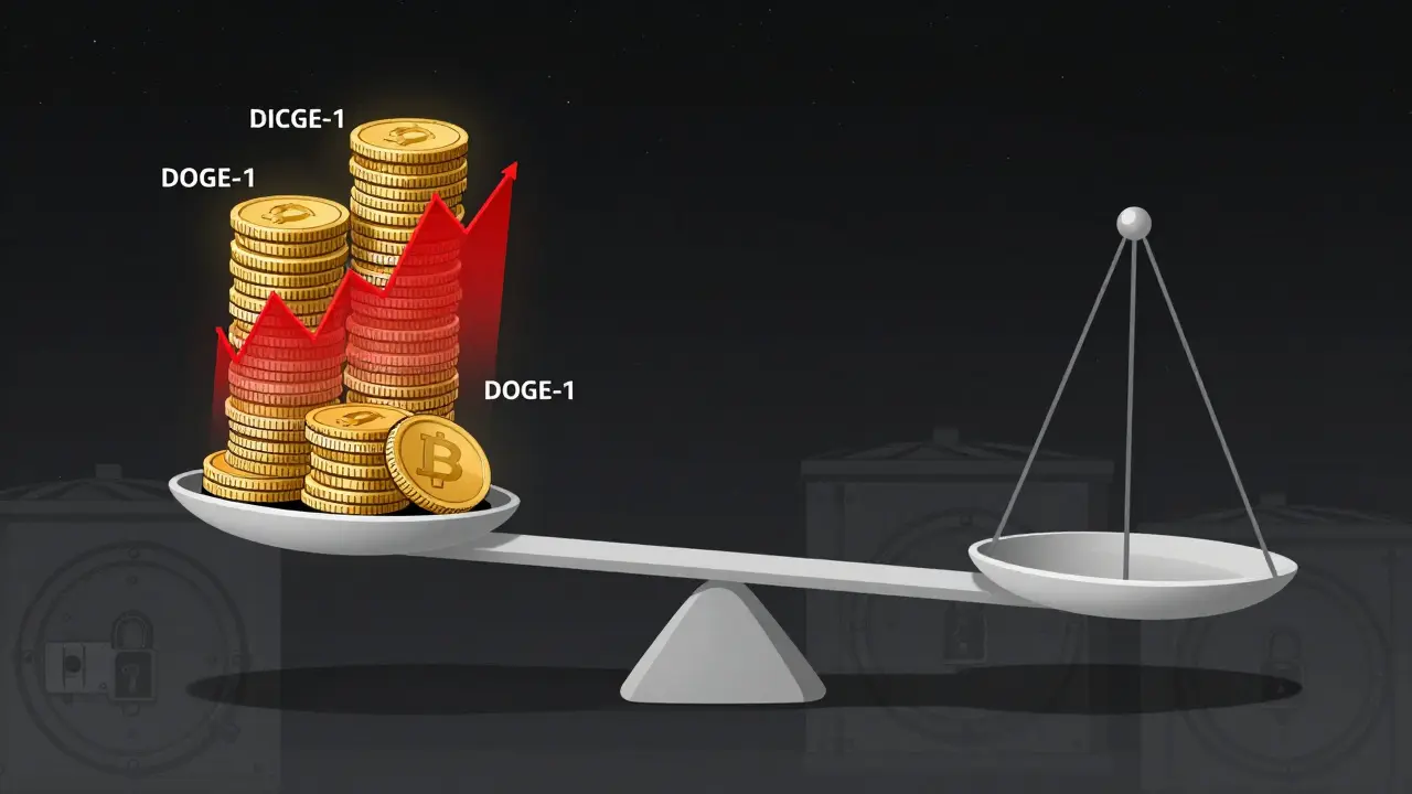 Conceptual illustration showing the high risk and low liquidity of DOGE-1 token.