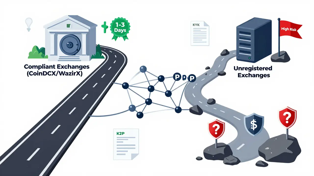 Diagram comparing smooth vs risky crypto withdrawal paths for banks