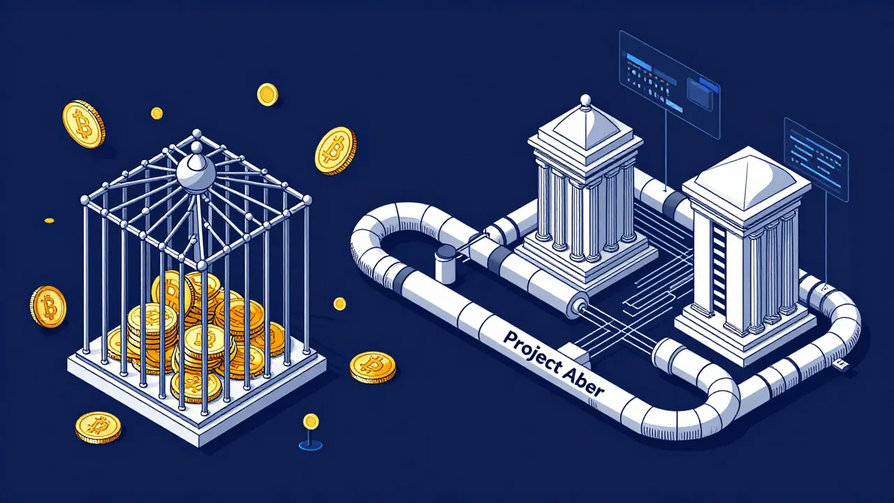 Diagram showing anti-money laundering laws restricting crypto while Project Aber enables secure transfers.