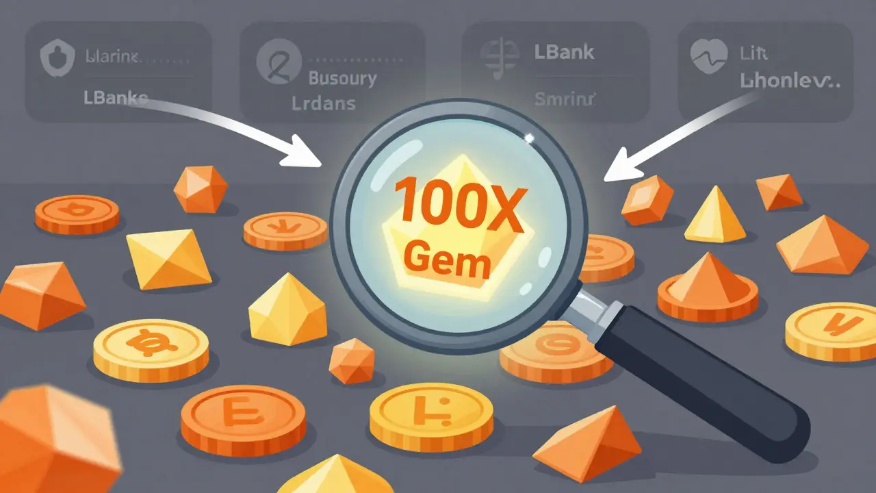 Diagram showing early discovery of rare altcoins using a magnifying glass