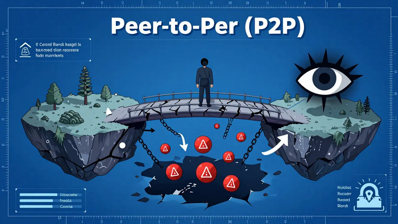 Diagram showing risks of P2P crypto trading under Central Bank surveillance.