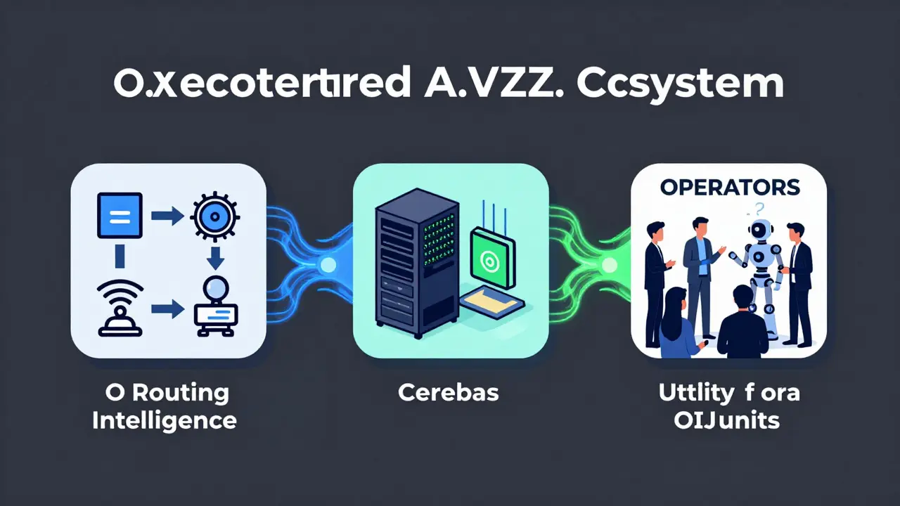 Diagram showing three AI system modules connected by data streams powered by cryptocurrency tokens.