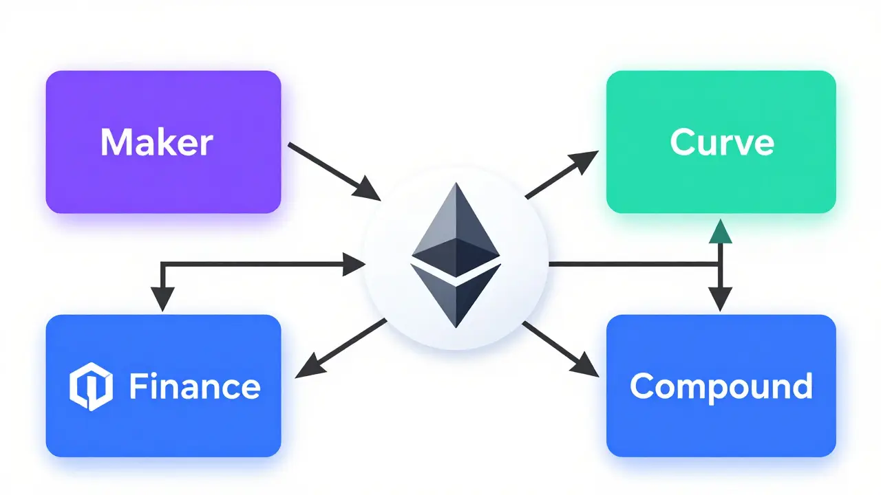 Diagram-style art showing ETH moving through multiple DeFi protocols in one step.