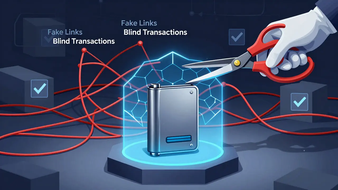 Illustration of a hardware wallet protected by a shield, cutting through webs of fake crypto links.