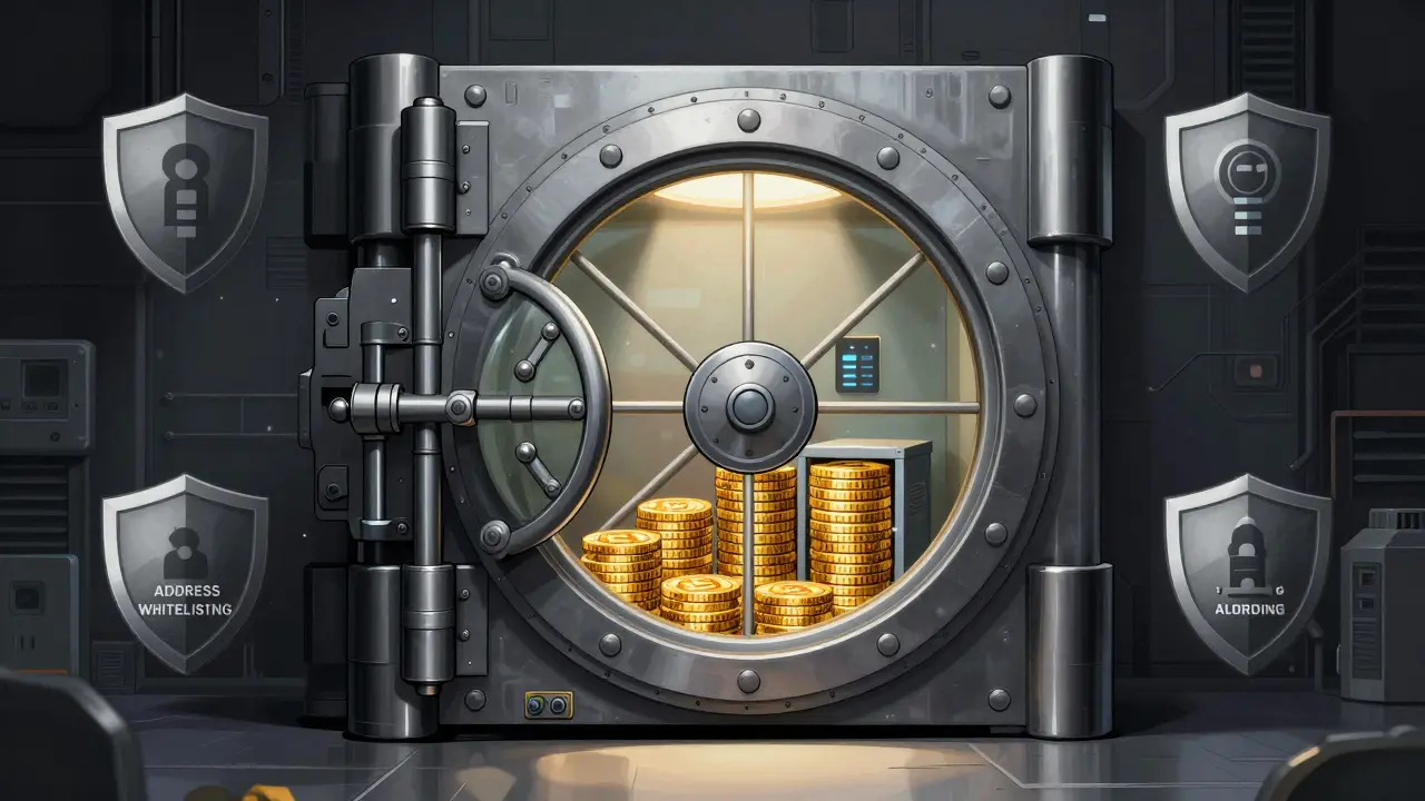 Illustration of a secure vault protecting cryptocurrency assets with safety shields
