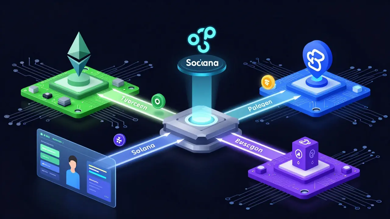 Illustration of different blockchains connected by bridges for cross-chain DeFi.