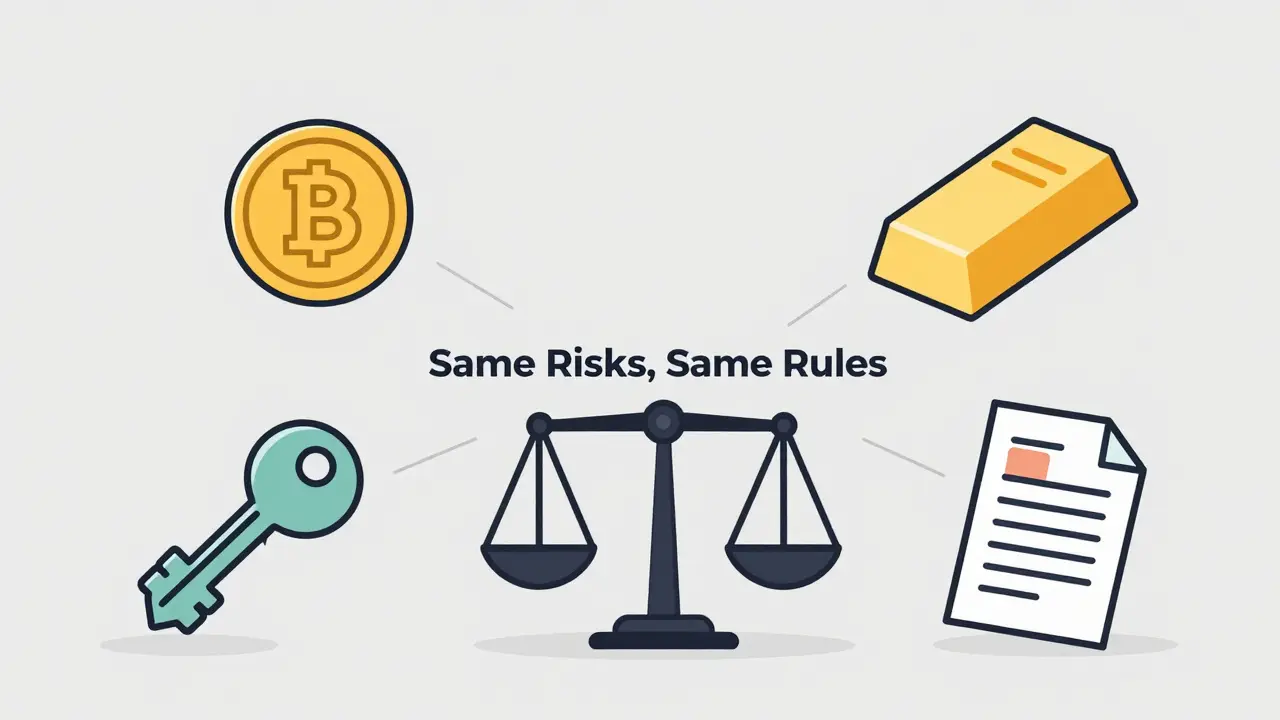 Illustration of four crypto token types on a balance scale
