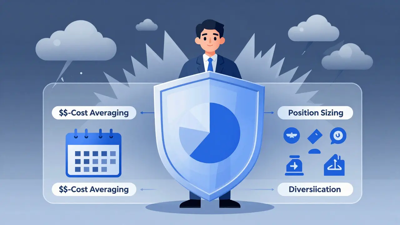 Illustration of risk management shields protecting an investor from market storms