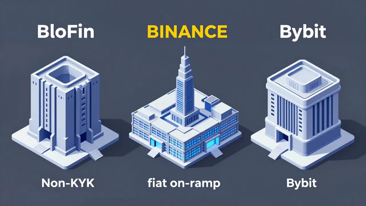 Isometric comparison of exchange models showing privacy vs fiat access trade-offs.
