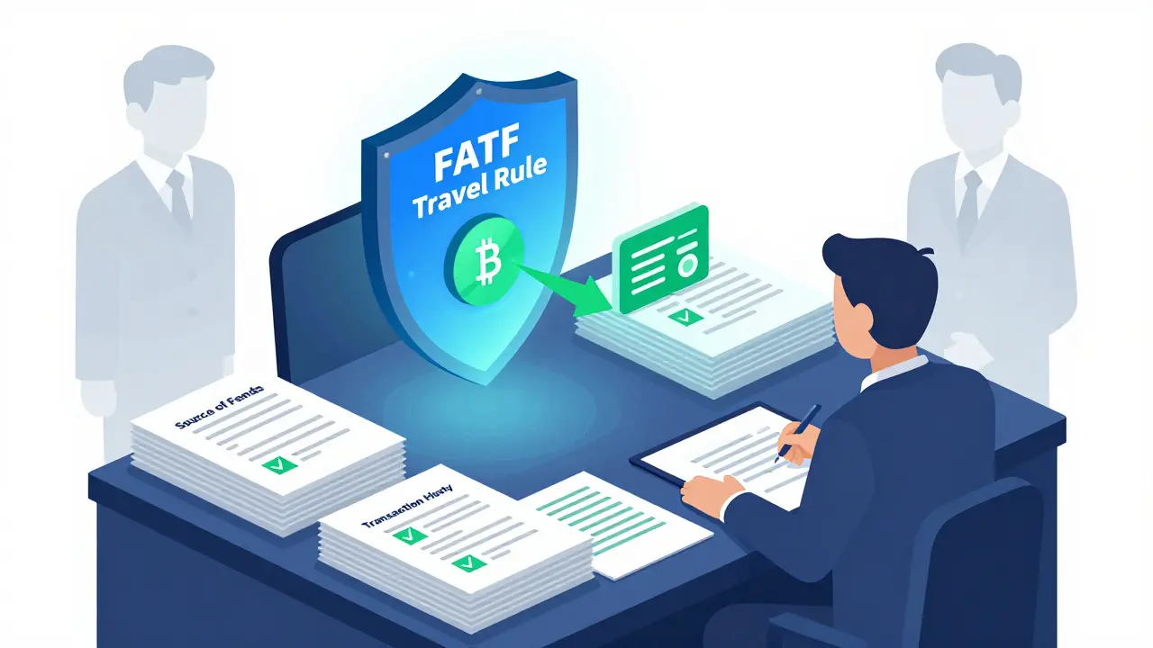 Isometric view of bank compliance desk verifying crypto funds and taxes