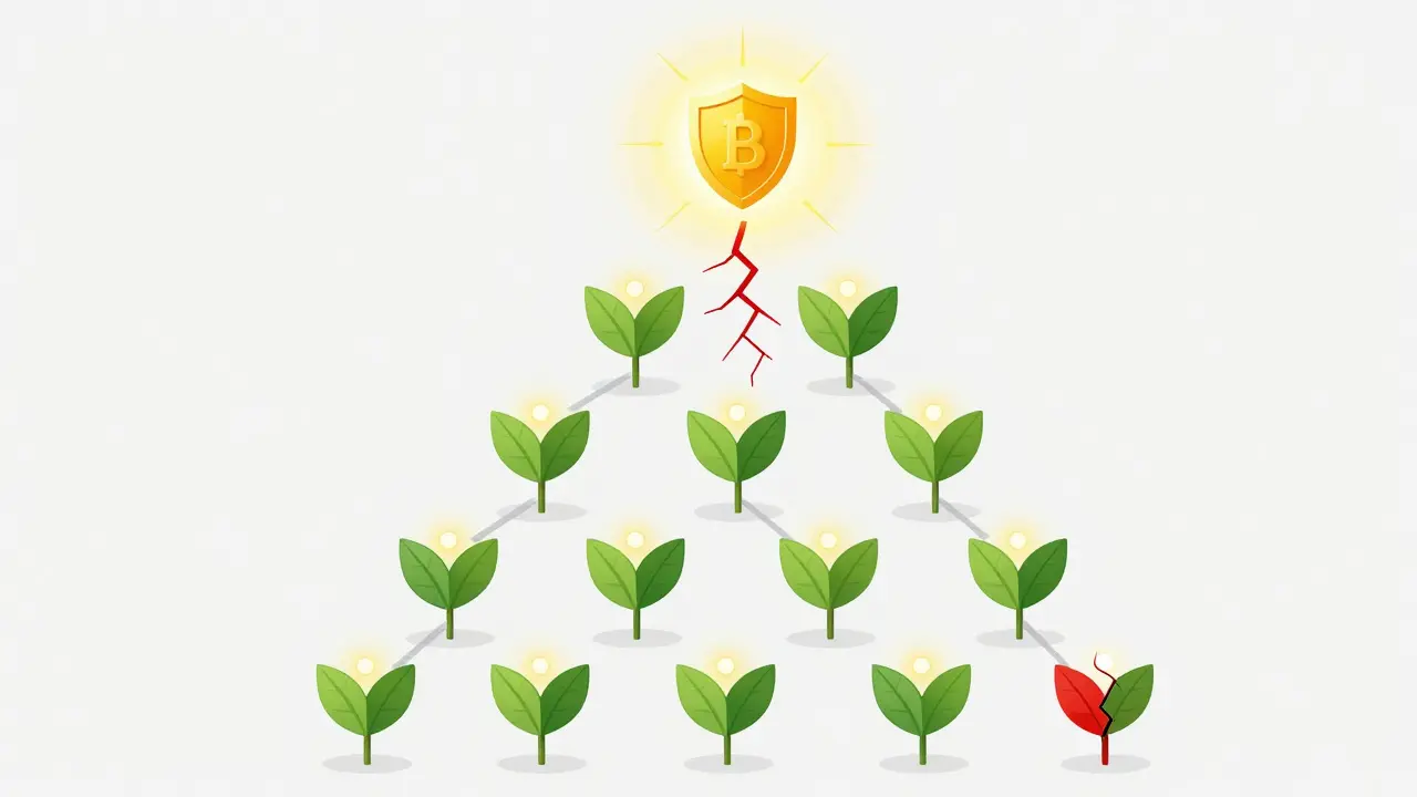 Merkle tree visualization showing how altering one transaction affects the entire root hash