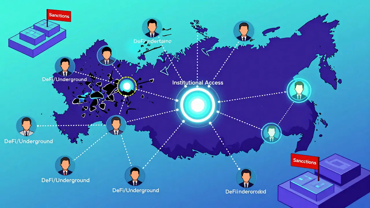 Network map illustrating fragmented crypto access for Russian users in 2026.
