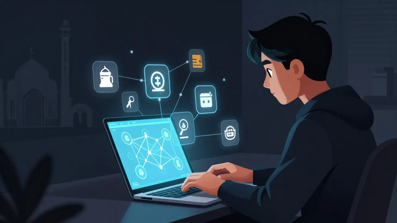 Person using P2P crypto platforms in a shadow economy, isolated from formal banking systems.